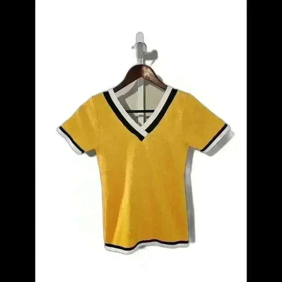 Tops - Stylish Yellow V-Neck Tee with Black and White Trim